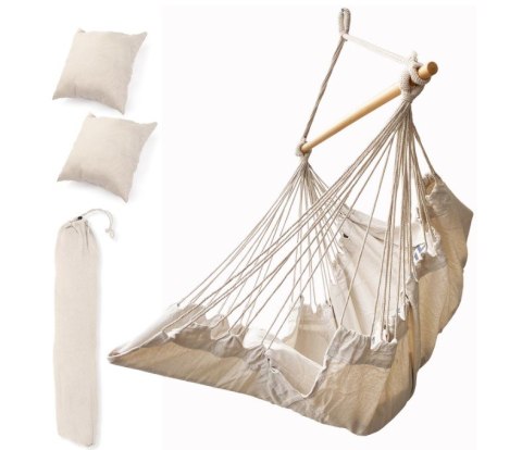 Krzesło Brazylijskie z Podnóżkiem i 2 Poduszkami – Wiszący Fotel Boho 130cm – Beż