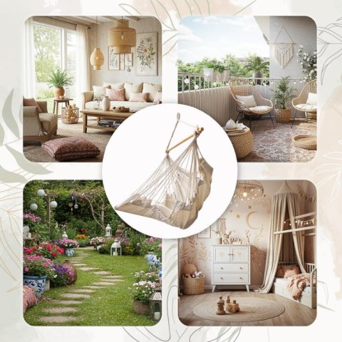 Krzesło Brazylijskie z Podnóżkiem i 2 Poduszkami – Wiszący Fotel Boho 130cm – Beż