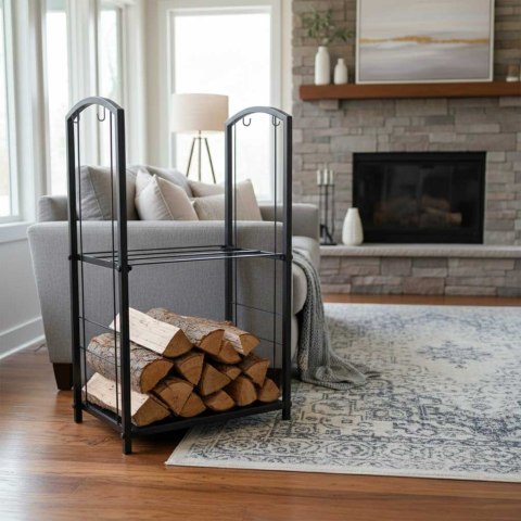 Metalowy Stojak na Drewno Kominkowe + 4 Akcesoria – Loftowy Organizer – Czarny