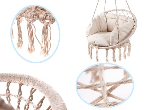 Huśtawka LUARO Fotel Bocianie Gniazdo z Miękką Poduszką – Ecru Makrama 80cm – do 150kg