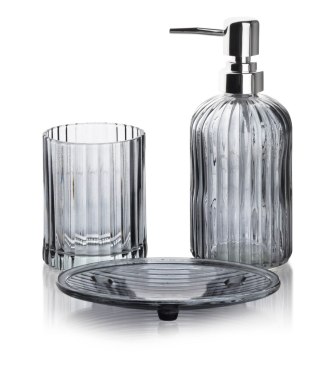 Szklany Komplet Łazienkowy ARI GREY 3 elementy – Szary Dozownik, Mydelniczka i Kubek