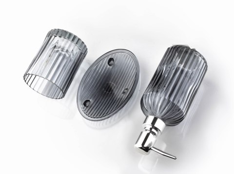 Szklany Komplet Łazienkowy ARI GREY 3 elementy – Szary Dozownik, Mydelniczka i Kubek