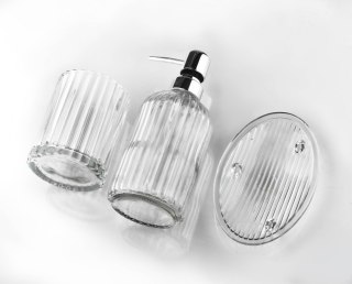 Szklany Komplet Łazienkowy ARI CLEAR 3 elementy – Transparentny Dozownik, Kubek i Mydelniczka