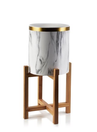 Marmurowa Doniczka na Drewnianym Stojaku AVA BEIGE 18 cm – Elegancka Osłonka ze Złotym Rantem