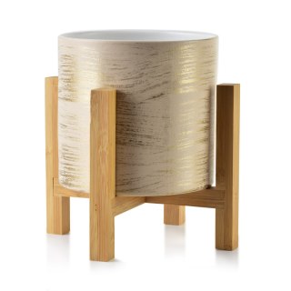 Złota Mini Doniczka AVA 12,5 cm na Stojaku Akacjowym – Ceramiczna Osłonka Glamour