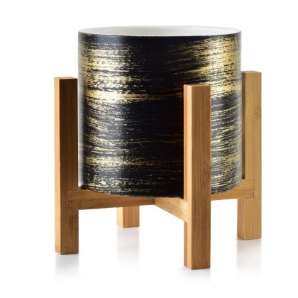 Doniczka AVA 12,5 cm na Stojaku Czarno-Złota – Ceramiczna Osłonka w Stylu Dark Glamour