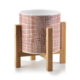 Doniczka AVA 16 cm na Drewnianym Stojaku – Beżowa Osłonka Ceramiczna z Fakturą