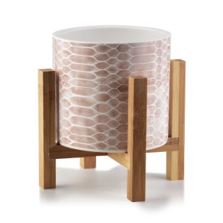 Doniczka Geometryczna AVA BEIGE 16 cm – Beżowa Osłonka Ceramiczna na Drewnianym Stojaku