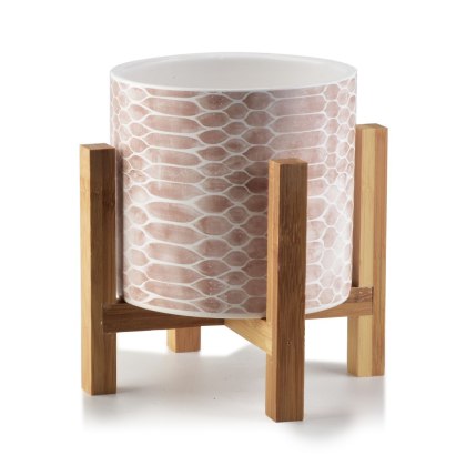 Doniczka Geometryczna AVA BEIGE 16 cm – Beżowa Osłonka Ceramiczna na Drewnianym Stojaku