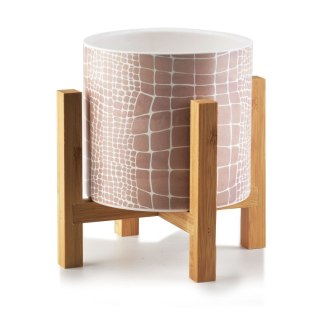 Różowa Doniczka AVA 16 cm na Stojaku – Ceramiczna Osłonka w Kratkę (Pudrowy Róż)