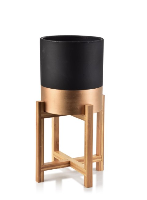 Czarna Doniczka ze Złotym Pasem AVA GOLD 18x20 cm na Drewnianym Stojaku