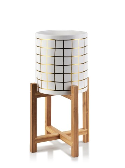 Doniczka Ceramiczna AVA GOLD 18x23 cm na Stojaku – Biała Osłonka w Złotą Kratkę