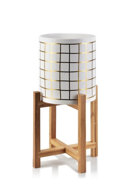 Doniczka Ceramiczna AVA GOLD 18x23 cm na Stojaku – Biała Osłonka w Złotą Kratkę