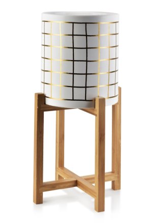 Duża Doniczka Ceramiczna AVA GOLD 20x23 cm na Stojaku – Biała Osłonka w Złotą Kratkę