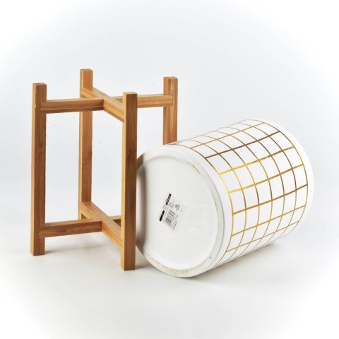 Duża Doniczka Ceramiczna AVA GOLD 20x23 cm na Stojaku – Biała Osłonka w Złotą Kratkę
