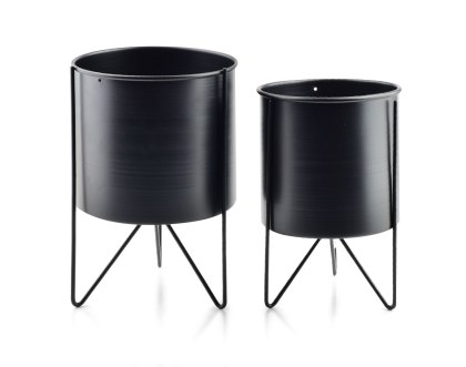 Zestaw 2 Czarnych Kwietników Loft SWEN BLACK – Metalowe Osłonki na Stojaku 26 cm i 23 cm
