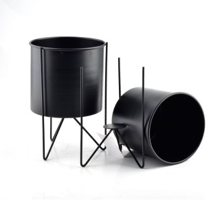 Zestaw 2 Czarnych Kwietników Loft SWEN BLACK – Metalowe Osłonki na Stojaku 26 cm i 23 cm