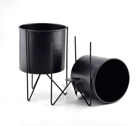 Zestaw 2 Czarnych Kwietników Loft SWEN BLACK – Metalowe Osłonki na Stojaku 26 cm i 23 cm