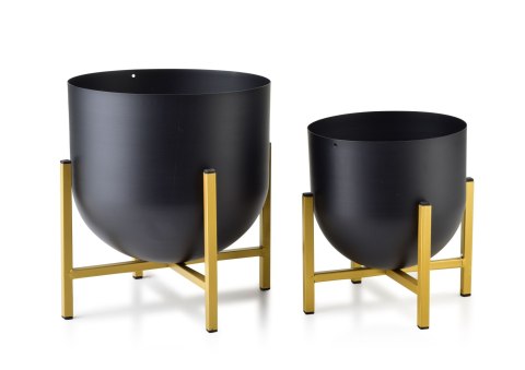 Zestaw 2 Czarnych Osłonek na Złotym Stojaku SWEN – Kwietniki Loft Glamour 26 cm i 21 cm