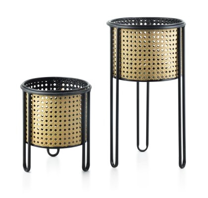 Komplet 2 Kwietników SWEN Plecionka Wiedeńska 40 cm i 23 cm – Złoto-Czarne Osłonki Loft