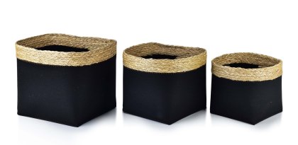 Zestaw 3 Koszy Kwadratowych BALI Black – Filc i Trawa Morska | Loft & Modern Boho