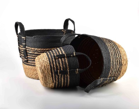 Zestaw 3 Koszy z Trawy Morskiej BALI Czarno-Beżowy – Stylowe Osłonki Boho