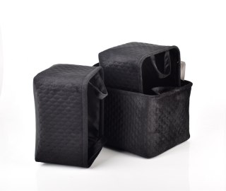 Komplet 3 Koszy Tekstylnych SARA BLACK – Eleganckie Organizery, Pikowane Pudełka L/M/S