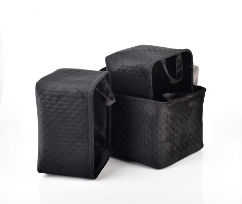Komplet 3 Koszy Tekstylnych SARA BLACK – Eleganckie Organizery, Pikowane Pudełka L/M/S