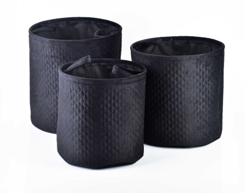 Komplet 3 Okrągłych Koszy Tekstylnych SARA BLACK – Pikowane Organizery, Zestaw L/M/S