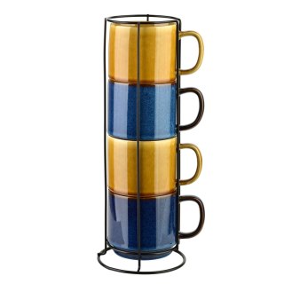 Komplet 4 Kubków na Stojaku EVIE 400 ml – Zestaw Miodowy i Niebieski