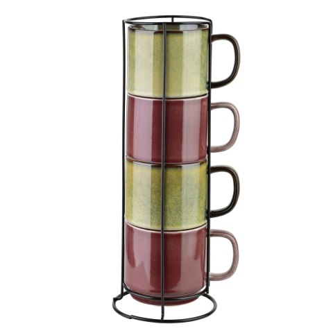 Komplet 4 Kubków na Stojaku EVIE 400 ml – Zestaw Bordowy i Oliwkowy