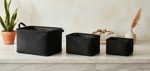 Komplet 3 Koszy Tekstylnych SARA BLACK – Eleganckie Organizery, Pikowane Pudełka L/M/S