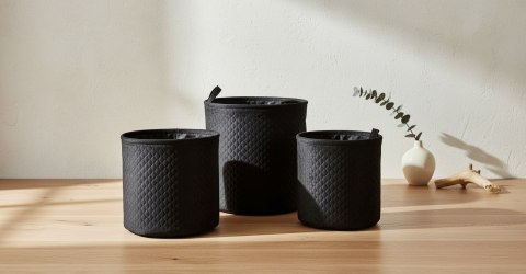Komplet 3 Okrągłych Koszy Tekstylnych SARA BLACK – Pikowane Organizery, Zestaw L/M/S