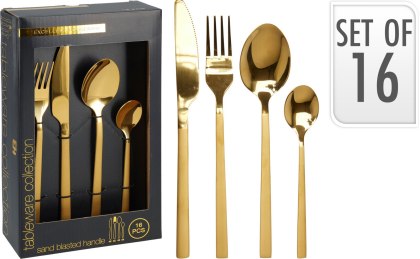 Elegancki Złoty Zestaw Sztućców 16 el. dla 4 Osób – Styl Glamour, Stal Nierdzewna