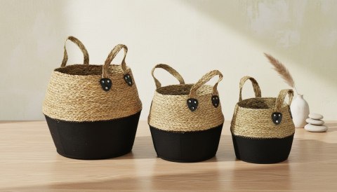 Zestaw 3 Koszy BALI Black – Naturalna Trawa Morska i Czarny Filc | Boho & Loft