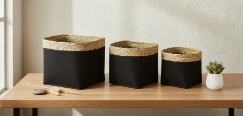 Zestaw 3 Koszy Kwadratowych BALI Black – Filc i Trawa Morska | Loft & Modern Boho