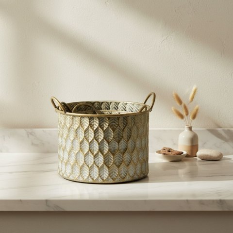 Duża Metalowa Osłonka na Kwiaty MARINA DARK L 27x27x20 cm – Złota, Ażurowa