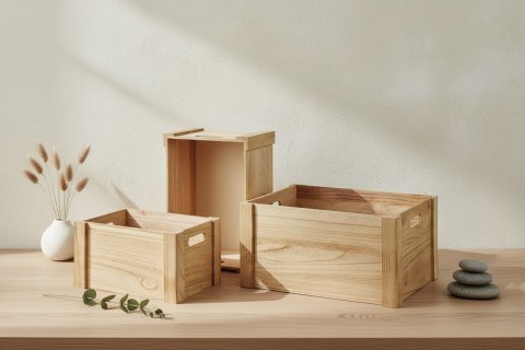 Komplet 3 Drewnianych Skrzynek RINO – Naturalne Organizery, Zestaw Pudełek L/M/S