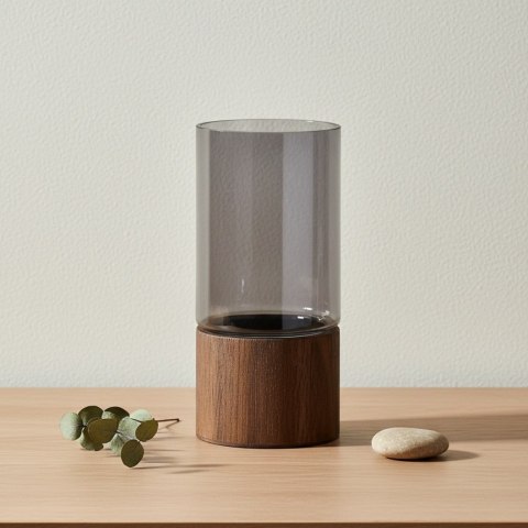 SERENITE Wazon szklany 12x12x25 cm – Mondex, Drewniana Podstawa, Loft