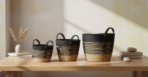Zestaw 3 Koszy z Trawy Morskiej BALI Czarno-Beżowy – Stylowe Osłonki Boho