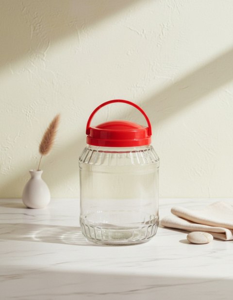 Słój Szklany BASIC KITCHEN 2,0 L – z Czerwoną Pokrywką i Uchwytem, COOKINI