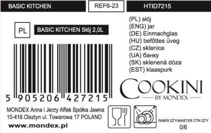 Słój Szklany BASIC KITCHEN 2,0 L – z Czerwoną Pokrywką i Uchwytem, COOKINI