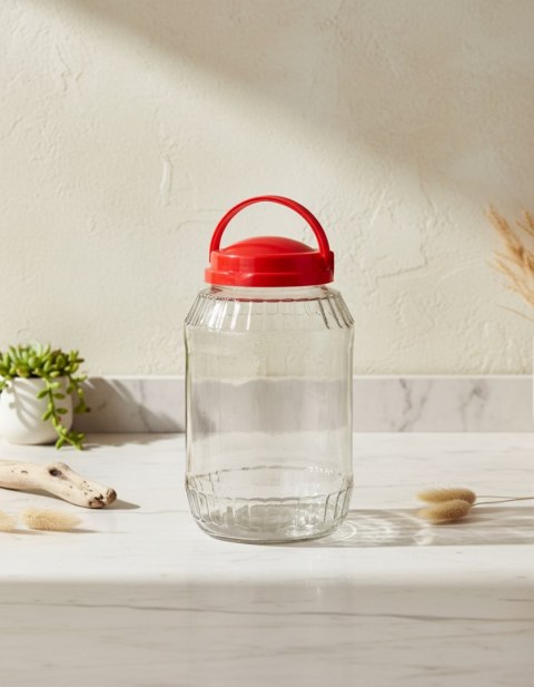 Duży Słój Szklany BASIC KITCHEN 3,1 L – z Czerwoną Pokrywką i Uchwytem, COOKINI