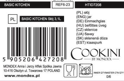 Duży Słój Szklany BASIC KITCHEN 3,1 L – z Czerwoną Pokrywką i Uchwytem, COOKINI