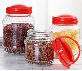 Duży Słój Szklany BASIC KITCHEN 3,1 L – z Czerwoną Pokrywką i Uchwytem, COOKINI