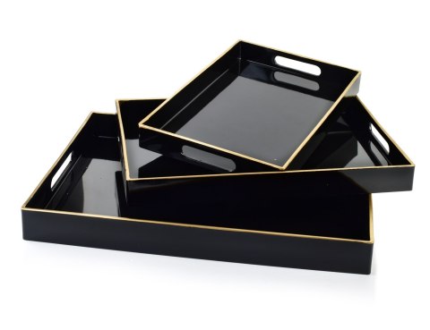 Komplet 3 Tac Dekoracyjnych BLANCHE BLACK – Czarny Połysk, Nowoczesny Minimalizm