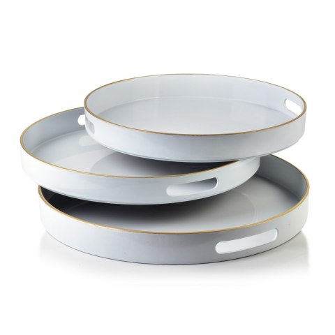 Komplet 3 Tac Dekoracyjnych BLANCHE WHITE – Okrągłe, Biały Połysk, Nowoczesna Harmonia