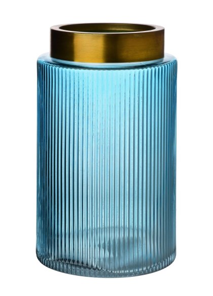 Wazon szklany SERENITE 14x14x25 cm – Mondex, Niebiesko-złoty, Prążkowany