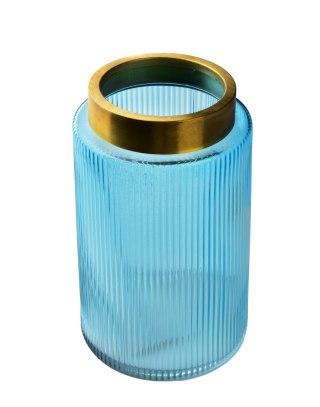 Wazon szklany SERENITE 14x14x25 cm – Mondex, Niebiesko-złoty, Prążkowany