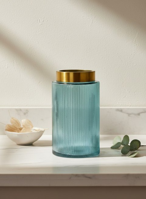Wazon szklany SERENITE 14x14x25 cm – Mondex, Niebiesko-złoty, Prążkowany